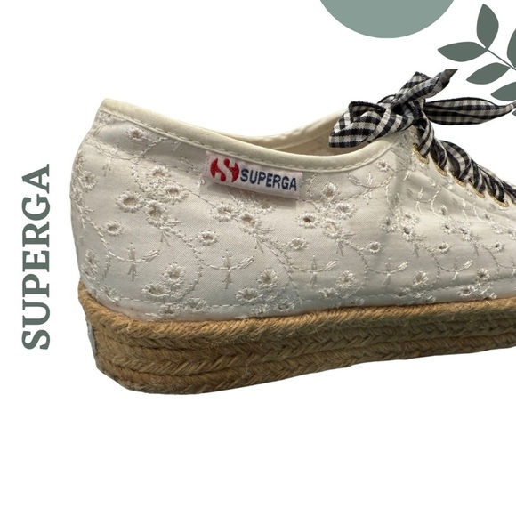 Superga White Eyelet Espadrille Platform Sneakers | Gingham Laces | Size 10 - Picture 8 of 9
